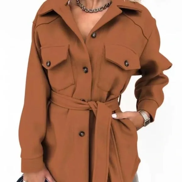 19Brown Pocket Button Belted Wrap Fitted Bohemian Brushed Utility Shacket Jacket - Picture 2 of 4